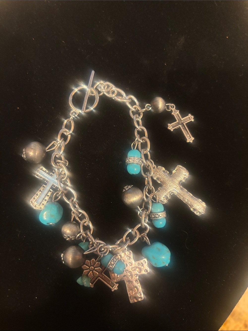 Silver Cross & Turquoise Charm Bracelet - Women Jewelry